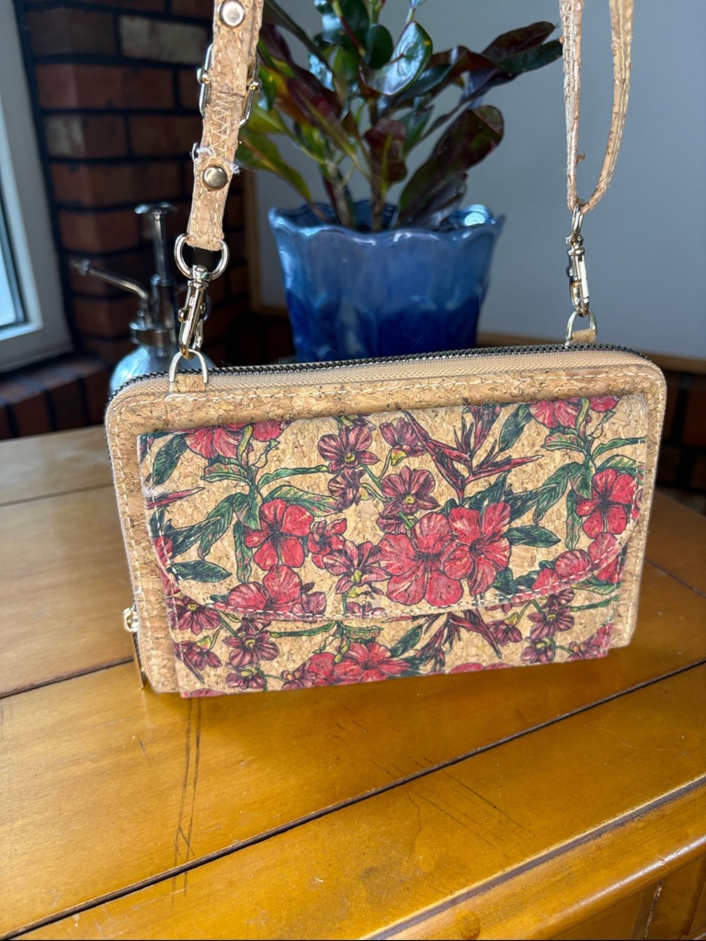 Floral Cork Crossbody Wallet - Pink Floral